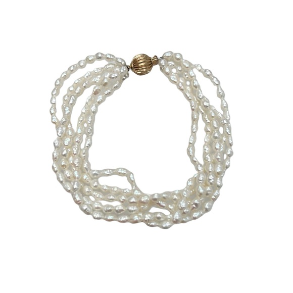 VINTAGE 8" LONG 5 STRAND RICE FRESHWATER PEARL WITH 14K BALL CLASP BRACELET - Picture 9 of 9